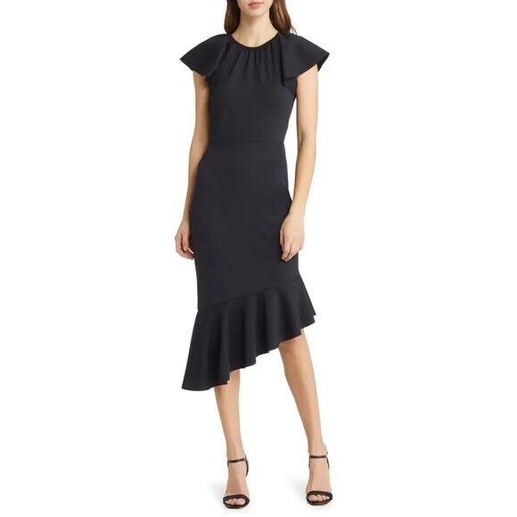 Rachel Parcell Black Ruffle Interlock Scuba Asymmetric Midi Dress XL NWOT - Picture 1 of 13